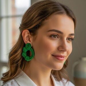 Green wool earrings dangle wool beaded green drop earrings wool wrapped earrings